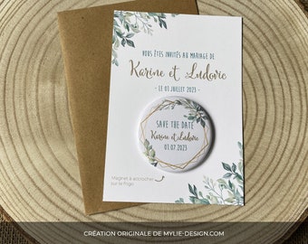 Faire part mariage champêtre avec badge magnétique