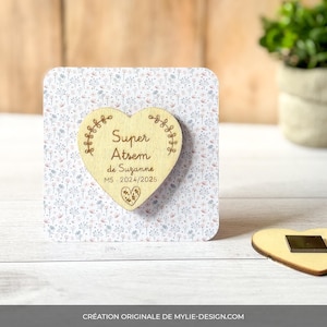 Carte avec magnet coeur bois - Cadeau maîtresse, atsem, nounou, maman, mamie