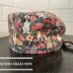 Surgical/Scrub Cap - DESIGNER COLLECTION -Gray Floral Dog Print (Ships within 24 Hrs)