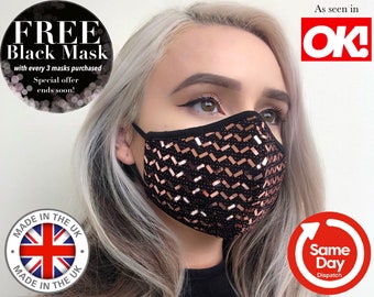 LUX TRIPLE LAYER Face Mask. Adjustable Luxury Face Mask. Sewn In 3-Ply Filter. Washable Breathable Reusable Face Mask. Sequin Face Mask.