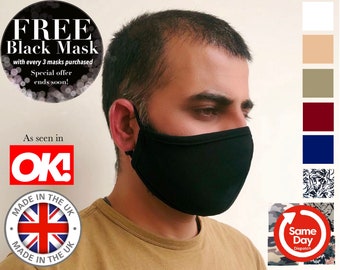 DRIEVOUDIG LAAG gezichtsmasker. Gemaakt in UK gezichtsmasker. Verstelbaar + neusdraad gezichtsmasker. Filter gezichtsmasker. Wasbaar gezichtsmasker. Herbruikbaar gezichtsmasker