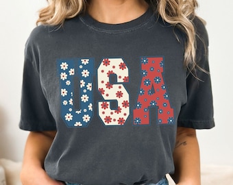 Comfort Colors® 4th of July Shirt, Vintage USA Floral Shirt, Cute Patriotic Tee, Red White and Blue USA shirt, Merica Tee, Independence Day