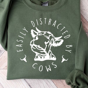 Easily Distracted By Cows Sweatshirt, Cute Aesthetic Animal Sweater, Funny Cow Sweater, Farm Love Shirt, Cozy Cow Sweater, Humorous Saying