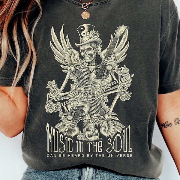 Rock n Roll Shirt, Music In The Soul T-Shirt, Lao Tzu Quote, Vintage Style Rock and Roll Tee, Angel Skeleton With Guitar, Artful Music Gift