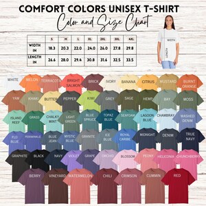May include: A chart displaying a variety of Comfort Colors unisex t-shirts in various colors, including white, melon, and red. The chart also includes a size guide with measurements in inches for width and length, ranging from S to 4XL.