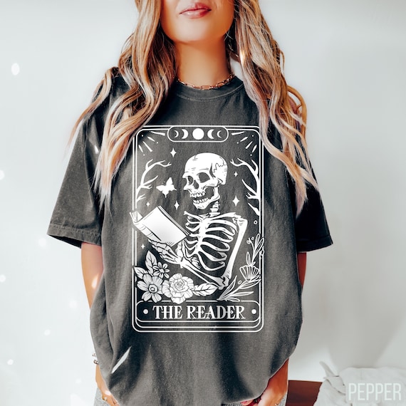Comfort Colors® The Reader Tarot Card Shirt, Skeleton Reading Shirt, Unisex Tarot Card Shirt, Book Lover Gift, Bookish Gift,Tarot Lover Gift