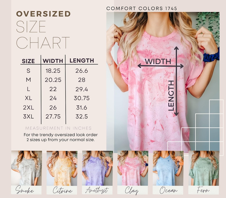 K&ouml;nnte beinhalten: Ein rosa T-Shirt mit Batikmuster und einer Gr&ouml;&szlig;entabelle mit Breiten- und L&auml;ngenma&szlig;en in Zoll. Die Tabelle enth&auml;lt die Gr&ouml;&szlig;en S bis 3XL. Das Shirt geh&ouml;rt zur Comfort Colors 1745 Kollektion. Weitere Farben sind unten abgebildet.
