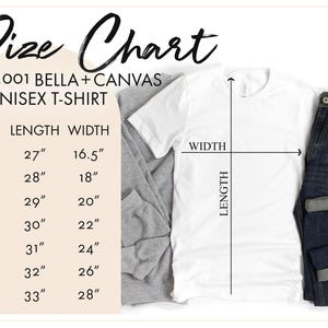 May include: Size chart for a unisex t-shirt, showing measurements in inches for length and width. The chart includes sizes XS, S, M, L, XL, 2X, and 3X.