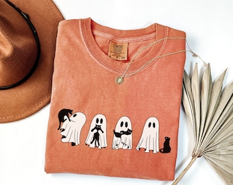 Comfort Colors® Cute Ghosts Holding Cats Shirt, Halloween Cat T-Shirt, Cat Lovers Shirt, Spooky Season Tee, Ghost Cat TShirt, Retro Ghosts