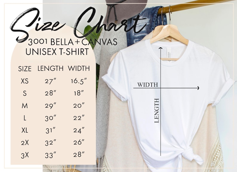 Puede incluir: Una camiseta unisex blanca en una percha, con una tabla de tallas. La tabla muestra las tallas XS a 3X, con medidas de largo y ancho en cent&iacute;metros. El texto "Size Chart" est&aacute; en la parte superior.