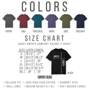 May include: A size chart for adult unisex t-shirts in various colors, including pepper, chili, topaz blue, grape, sage, true navy, and black. The chart shows the width and length measurements in inches for sizes S through 3XL. The chart also includes information about the t-shirt's fabric and fit: 100% ring-spun cotton, relaxed fit, twill label, medium weight 6.1 oz, garment dyed, and soft washed fabric.
