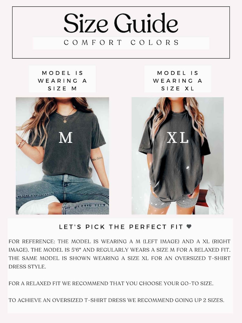 May include: Size guide for t-shirts with two models wearing different sizes. The model on the left is wearing a size M and the model on the right is wearing a size XL. The text says "Let's pick the perfect fit".