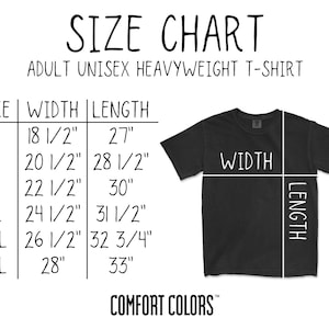 K&ouml;nnte beinhalten: Schwarzes T-Shirt mit Gr&ouml;&szlig;entabelle f&uuml;r Unisex-Heavyweight-T-Shirts f&uuml;r Erwachsene. Die Tabelle enth&auml;lt die Gr&ouml;&szlig;en S bis 3XL mit Breiten- und L&auml;ngenma&szlig;en in Zoll. Die T-Shirt-Grafik zeigt Breiten- und L&auml;ngenma&szlig;e. Die Marke ist Comfort Colors.