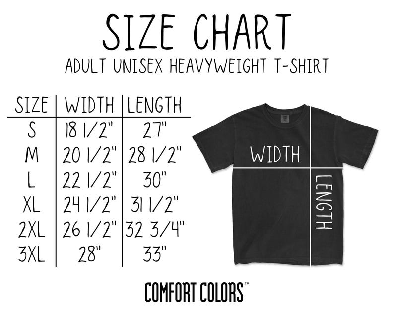 K&ouml;nnte beinhalten: Schwarzes T-Shirt mit Gr&ouml;&szlig;entabelle f&uuml;r Unisex-Heavyweight-T-Shirts f&uuml;r Erwachsene. Die Tabelle enth&auml;lt die Gr&ouml;&szlig;en S bis 3XL mit Breiten- und L&auml;ngenma&szlig;en in Zoll. Die T-Shirt-Grafik zeigt Breiten- und L&auml;ngenma&szlig;e. Die Marke ist Comfort Colors.