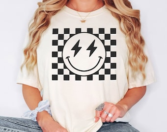 Comfort Colors® Checkered Smiley Face Shirt, Cute Smiley Shirt, Retro Happy Face Tee, Vintage Checkers Shirt, Lightning Bolt Tee,Happy Shirt