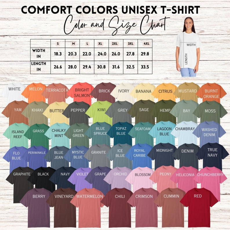 May include: A Comfort Colors unisex t-shirt colour and size chart featuring a grid of 60 colour swatches with names, a sizing table with measurements in inches, and a diagram showing width and length dimensions on a white wooden background.