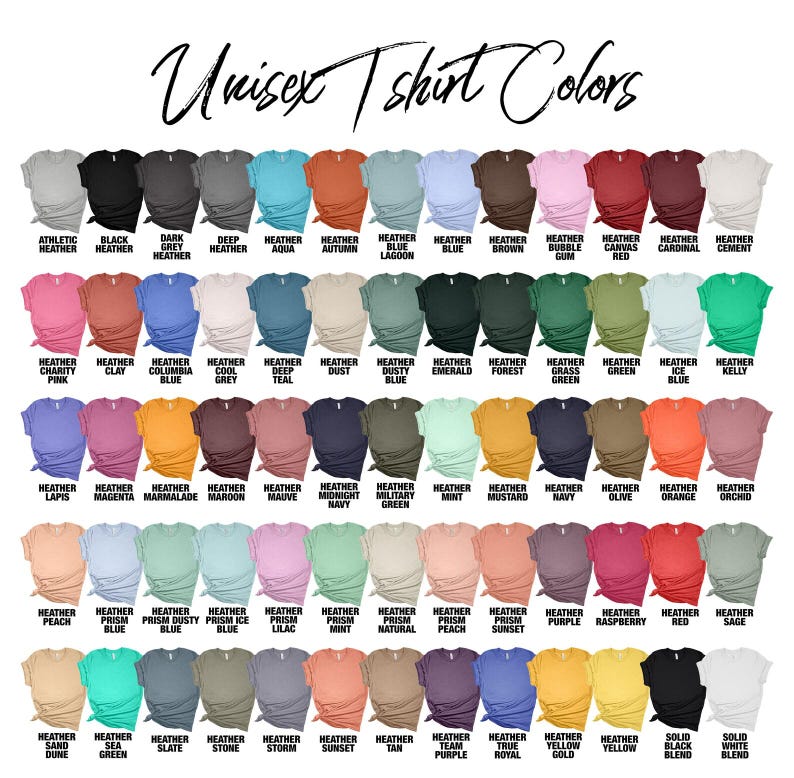 Puede incluir: Una carta de colores que muestra una variedad de colores de camisetas unisex. La imagen muestra una cuadr&iacute;cula de camisetas en varios tonos, incluyendo colores jaspeados, lisos y prism&aacute;ticos. El texto "Unisex T-shirt Colors" est&aacute; en la parte superior.