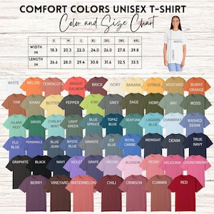 K&ouml;nnte beinhalten: Eine Farbkarte mit Comfort Colors Unisex-T-Shirts in verschiedenen Farben, darunter Wei&szlig;, Melon und Rot. Die Tabelle enth&auml;lt eine Gr&ouml;&szlig;entabelle mit Ma&szlig;en in cm f&uuml;r Breite und L&auml;nge, von S bis 4XL.