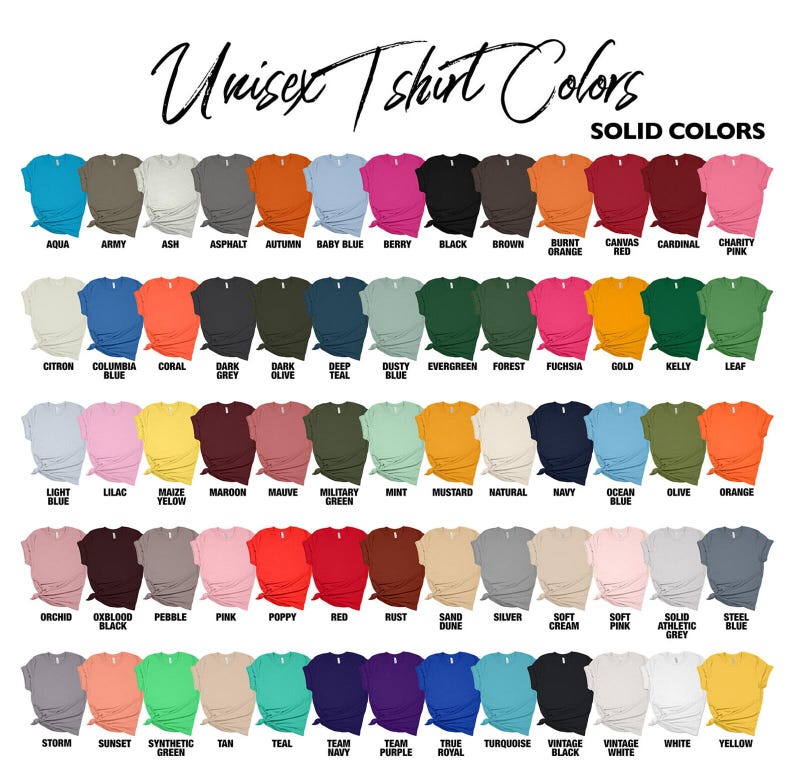 Puede incluir: Una carta de colores que muestra una variedad de colores lisos para camisetas unisex. La carta incluye colores como aguamarina, negro y rosa, con el texto "Unisex T-shirt Colors" en la parte superior.