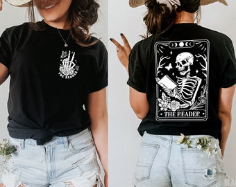 Comfort Colors® The Reader Tarot Card Shirt, Book Lovers Tshirt, Unisex Tarot Card Shirt, Skeleton Reading Shirt, Tarot Reader, Tarot Shirts