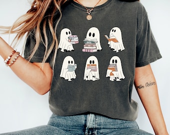 Halloween Comfort Colors Shirt - Retro Ghosts Reading Books T-Shirt, Spooky Season Tee, Artful Halloween Gift, Book Lover, Teacher Librarian