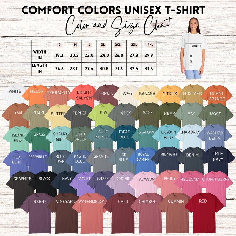 May include: A color chart for unisex t-shirts showing 40 different colors with names. The chart also includes a size chart with measurements in inches for width and length.