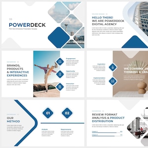May include: A presentation slide deck with a modern design, featuring blue and white geometric shapes. Text includes "POWERDECK", "Brands, Products & Interactive Experiences", and "Infographic Mockup". Other slides show team members and data visualizations.