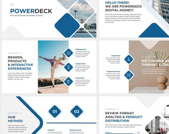May include: A presentation slide deck with a modern design, featuring blue and white geometric shapes. Text includes "POWERDECK", "Brands, Products & Interactive Experiences", and "Infographic Mockup". Other slides show team members and data visualizations.