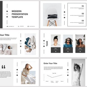 Puede incluir: Una plantilla de presentación moderna con un esquema de color blanco y negro. La plantilla incluye una diapositiva de título, una diapositiva de equipo, una diapositiva de pasión, una diapositiva de gráfico circular y una diapositiva de cita. La plantilla también incluye imágenes de personas, una silla y una playa.