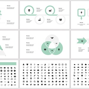 May include: A set of presentation slides with various infographic templates. The slides feature a green and white color scheme and include icons for social media, business, and technology.