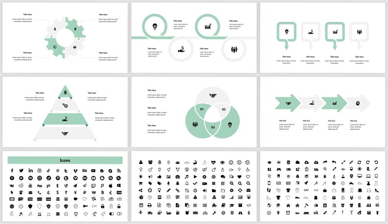 May include: A set of presentation slides with various infographic templates. The slides feature a green and white color scheme and include icons for social media, business, and technology.