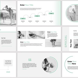 May include: A presentation template with a minimalist design featuring a green and white color scheme. The template includes various layouts with text boxes, images, and icons. The text in the template includes the words "Enter Your Title", "Opportunities", "Threats", "Special", "Your Text", and "Enter Your Title Here".