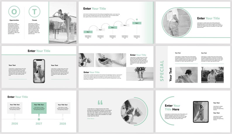 May include: A presentation template with a minimalist design featuring a green and white color scheme. The template includes various layouts with text boxes, images, and icons. The text in the template includes the words "Enter Your Title", "Opportunities", "Threats", "Special", "Your Text", and "Enter Your Title Here".