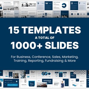Op de afbeelding: Een collage van 15 PowerPoint-sjablonen met meer dan 1000 dia's. De sjablonen zijn ontworpen voor bedrijven, conferenties, verkoop, marketing, training, rapportage, fondsenwerving en meer. De sjablonen hebben een blauw en geel kleurenschema.