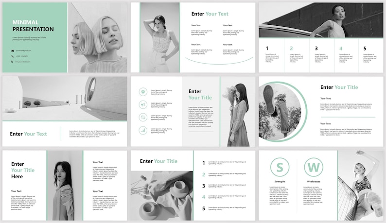 May include: A minimalist presentation template with a green and white color scheme. The template features images of people and text boxes for titles and descriptions. The text "Enter Your Text" and "Enter Your Title" appears on the slides.