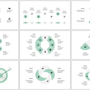 May include: A set of nine infographic slides with different shapes and colors. The slides feature icons and text placeholders for titles and descriptions. The slides are designed to be used for presentations or reports.