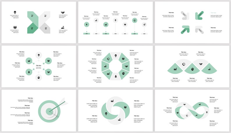 May include: A set of nine infographic slides with different shapes and colors. The slides feature icons and text placeholders for titles and descriptions. The slides are designed to be used for presentations or reports.