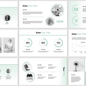 May include: A presentation slide deck with a green and white color scheme. The slides feature images of people, charts, and text. The text includes the words "Our Team", "Enter Your Title", "New", "Mission", "Vision", and "60%, 40%, 70%".