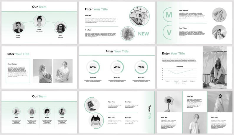 May include: A presentation slide deck with a green and white color scheme. The slides feature images of people, charts, and text. The text includes the words "Our Team", "Enter Your Title", "New", "Mission", "Vision", and "60%, 40%, 70%".