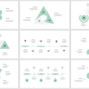 May include: A set of nine presentation slides with various infographic designs. The slides feature a variety of shapes, including circles, triangles, and a clover. The slides are in a light green and white color scheme.
