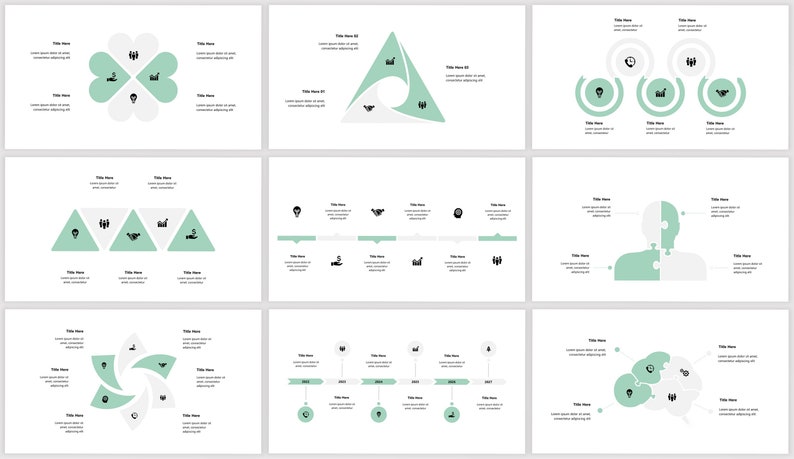 May include: A set of nine presentation slides with various infographic designs. The slides feature a variety of shapes, including circles, triangles, and a clover. The slides are in a light green and white color scheme.