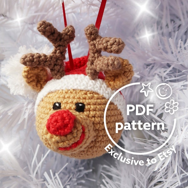 Reindeer bauble crochet pattern, amigurumi Christmas tree decoration