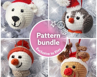 Crochet pattern bundle, Christmas bauble set: Reindeer, Snowman, Penguin, Polar Bear