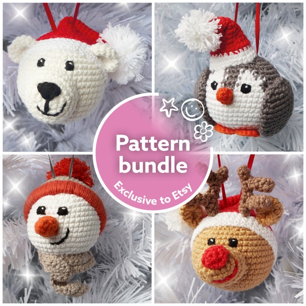 Crochet pattern bundle, Christmas bauble set: Reindeer, Snowman, Penguin, Polar Bear