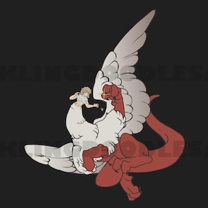 Może przedstawiać: Czerwony smok z białymi skrzydłami i ludzką postacią jadącą na jego grzbiecie. Smok ma długi ogon i ostre pazury. Postać ludzka ma na sobie białą sukienkę i blond włosy.