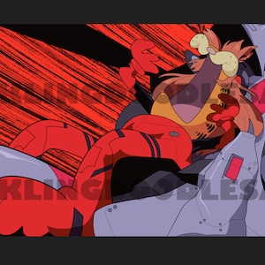 May include: A red and gray robot with a large, furry, orange cat-like creature inside. The robot is in a dynamic pose, with its arms outstretched and its legs bent. The background is a red and black pattern.