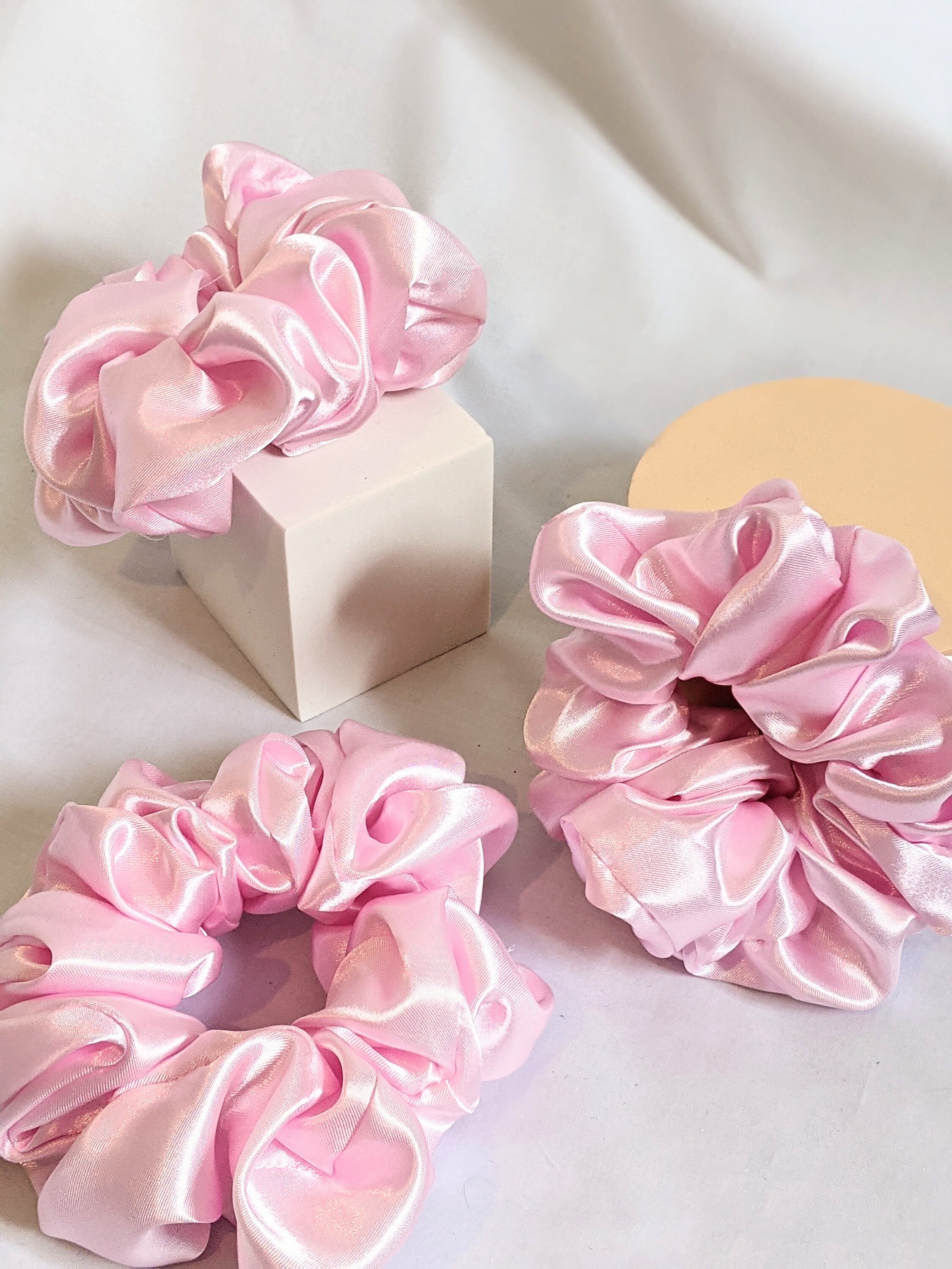 Hair Scrunchie, Pink Hair Tie, Pink Satin Fabric, Satin