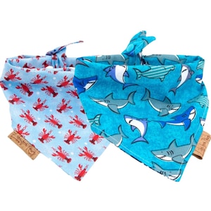 Dog Bandana Paw print and Shark, Blue Reversible Bandanas, Tie & Snap, Puppy Bandana, Dog Costume, Dog Stuff, Puppy Clothes