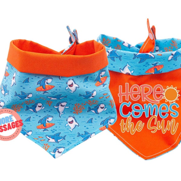 Reversible Blue Shark and Orange Surf Board Dog Bandana with Custom Embroidery Option