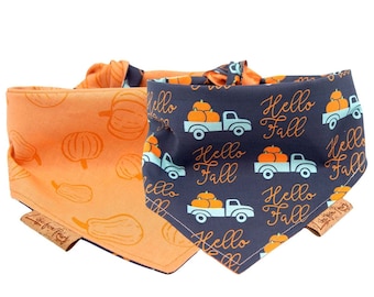 Fall Dog Bandana, Hello Fall, Reversible Bandana for Dogs, Tie And Snap, Thanksgiving Dog Bandana,